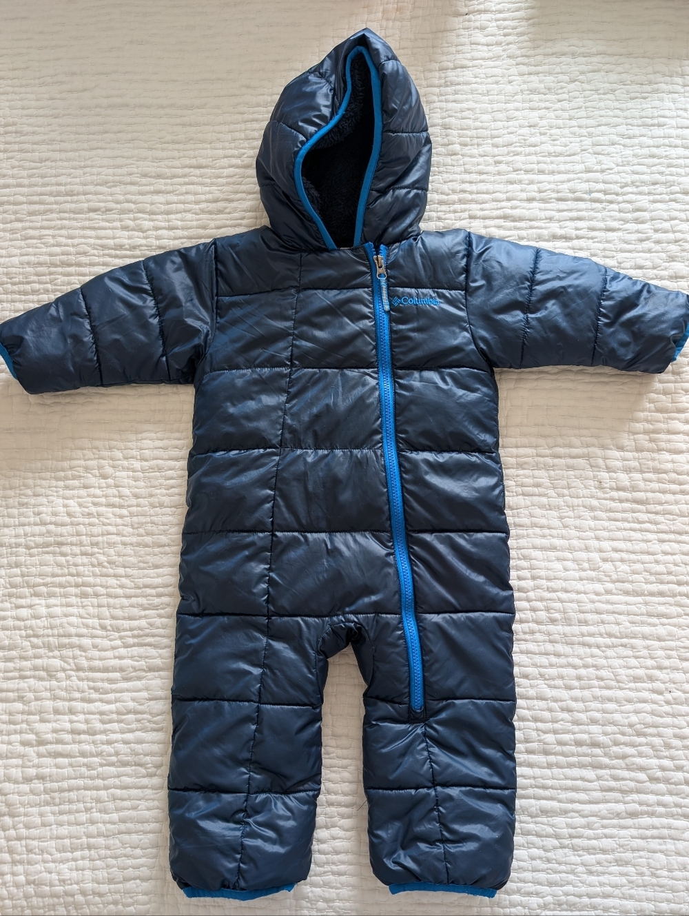Columbia Navy One-Piece Infant Hooded Snowsuit with Bright Blue Trim